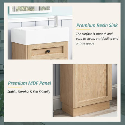 Merax Modern Rustic 18.5'' Bathroom Vanity with Resin Sink, Solid Wood Bathroom Storage Cabinet with Adjustable Shelf & Reversible Door for Small Spaces, Natural