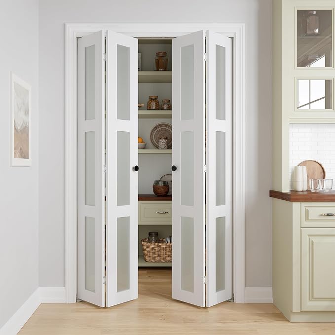 Bifold Doors for 48" x 80-3/4" Opening, 3-lite Tempered Frosted Glass Closet Folding Doors with Hardware kit Included, Easy Assembly, White | Closet Folding Doors with Hardware kit Included, Easy Assembly for Pantry Closet, White,Water-Proof PVC Surfac...