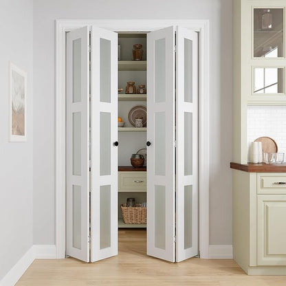 Bifold Doors for 56" x 80" Opening,3-lite Tempered Frosted Glass | Closet Folding Doors with Hardware kit Included, Easy Assembly for Pantry Closet, White,Water-Proof PVC Surface