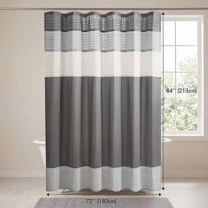 Madison Park Amherst Bathroom Shower Curtain Faux Silk Pieced Striped Modern Microfiber Bath Curtains, 72x84 Inches, Grey