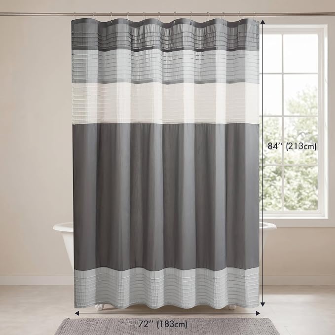 Madison Park Amherst Bathroom Shower Curtain Faux Silk Pieced Striped Modern Microfiber Bath Curtains, 72x72 Inches, Grey