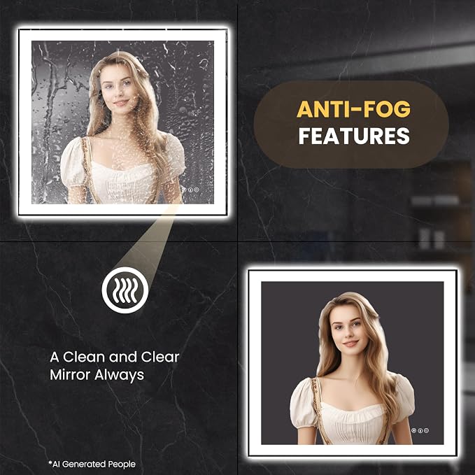 LOAAO 40"X38" LED Bathroom Mirror Black Framed | Anti-Fog, Dimmable, Memory Function, Tempered Glass, Lighted Vanity Mirror for Wall
