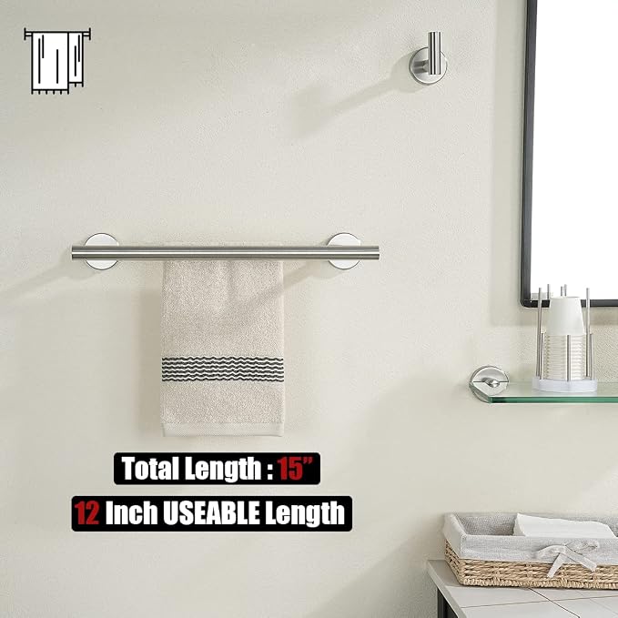 JQK Double Towel Bar, 15 Inch 304 Stainless Steel Thicken 0.8mm Towel Rack Holder for Bathroom Washcloths and Hand Towels, Brushed Wall Mount, Useable Length 12 Inch, TB100L12-BN