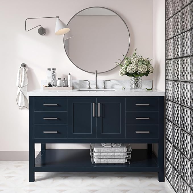 DKB Olivia 54-Inch Midnight Blue Bathroom Vanity with Sink, 1.5-Inch Italian Carrara Marble Countertop & Backsplash, Rectangular Sink, 2 Soft-Closing Doors, 6 Dovetail Drawers, Brushed Nickel