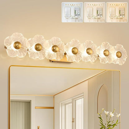MantoLite Bathroom Light Fixtures Modern Vanity Light Over Mirror Adjustable 3000K-6000K Picture Lights Art Light with Floral Clear Glass Shades for Living Room Bedroom Wall Sconces (7 Light Gold)