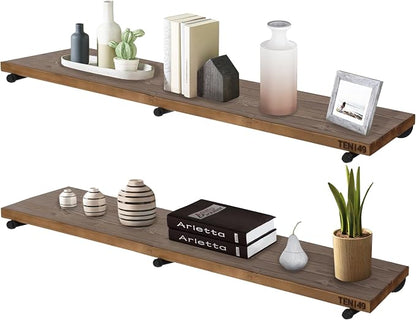 TEN49 Real Wood Rustic Floating Shelves Wall - 48 Wide Small Wooden Industrial Pipe Shelving - Farmhouse Pipe Wall Shelves Furniture Bathroom Decor Art Shelf Kitchen - Dark Espresso Color - Set of 2