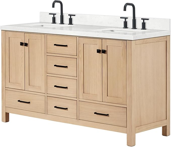 ARIEL Cambridge 60-inch Bathroom Vanity with Sink,Solid Wood, 1.5-inch Carrara White Quartz Countertop, Double Rectangular Porcelain Sink, 4 Soft Closing Doors, 6 Dovetail Drawers, White Oak