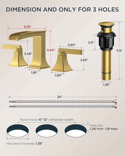 FORIOUS Bathroom Faucet 3 Hole Widespread 8" Sink Faucets Brushed Gold | 3-hole 4-12 Inch Widespread Sink, Square Waterfall Faucets, with Drain and Hoses,for Vanity Rv Commercial Lavatory Restroom