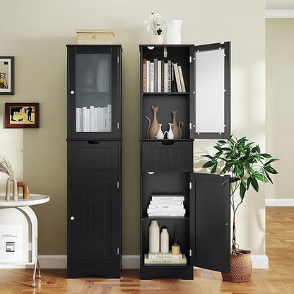COSTWAY 67” Tall Bathroom Storage Cabinet, Freestanding Floor Cabinet with 2 Doors & 1 Drawer, 3-Level Adjustable Shelves, Narrow Slim Linen Tower for Bathroom, Living Room, Kitchen (Black)