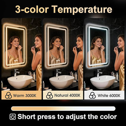 LED Bathroom Mirror, 16 x 24 Inch Anti-Fog Bathroom Mirror with Lights, Stepless Dimmable Lighted Bathroom Mirrors for Wall, Rectangle Bathroom Vanity Mirror with Front and Backlight, Vertically Only