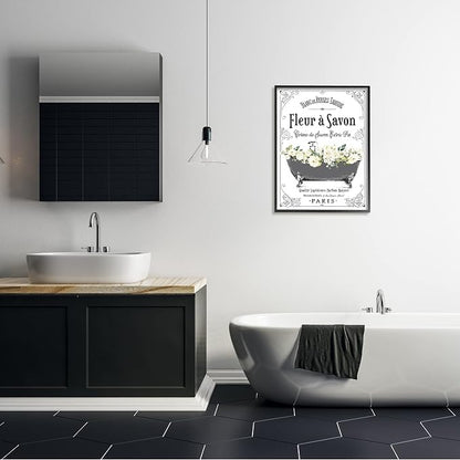 Stupell Industries 'Fleur a Savon Vintage Parisian Bathroom Floral Tub', Framed Giclee Art, Black, 24 x 30 Inches, Easy to Hang and Sturdy, Made in USA, by Lettered and Lined