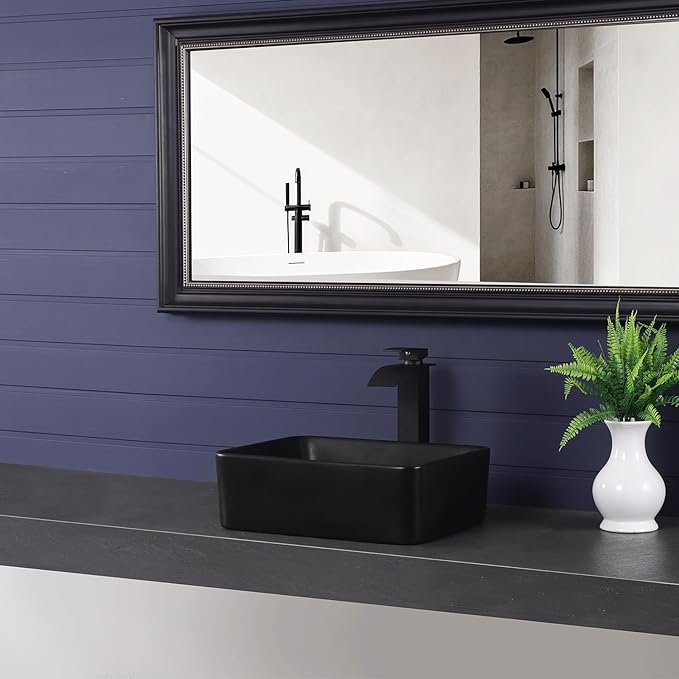 Vessel Sink 16"x12" Rectangular Bathroom Sink Modern Black Porcelain Ceramic Above Counter Drop-in Vanity Sink for Bathrooms Art Basin