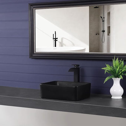 Vessel Sink 16"x12" Rectangular Bathroom Sink Modern Black Porcelain Ceramic Above Counter Drop-in Vanity Sink for Bathrooms Art Basin