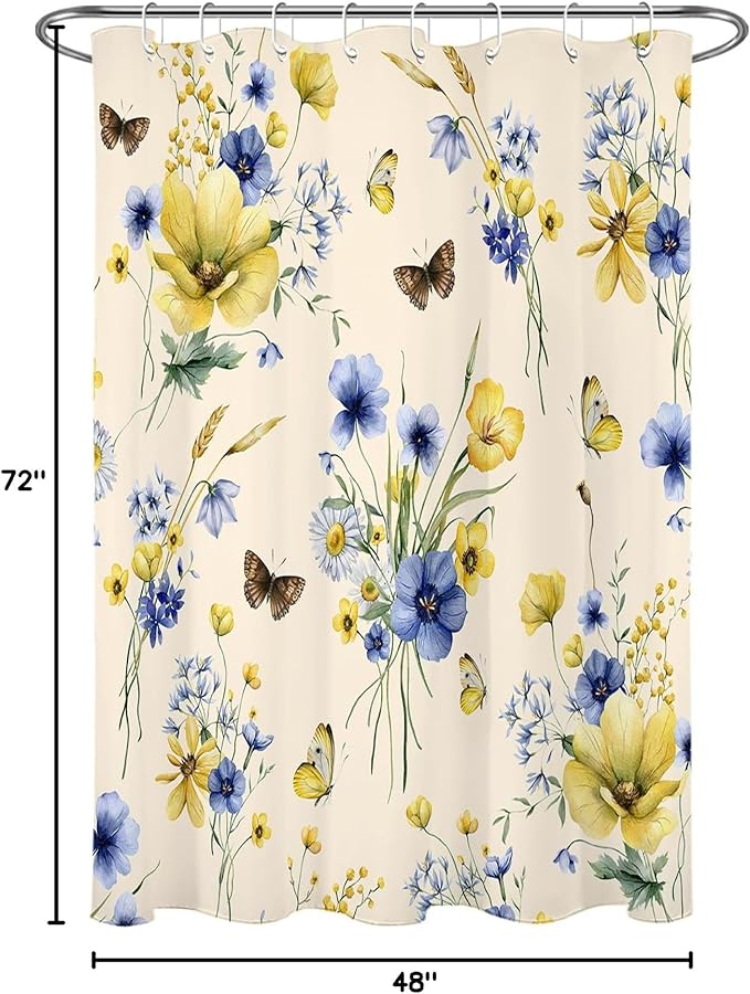 HVEST Wildflower Shower Curtain for Bathroom, Blue and Yellow Floral and Wheat with Butterfly Shower Curtain with Hook, Country Daisy Flower on Beige Shower Curtain Set Bathroom Decor, 48X72 inch