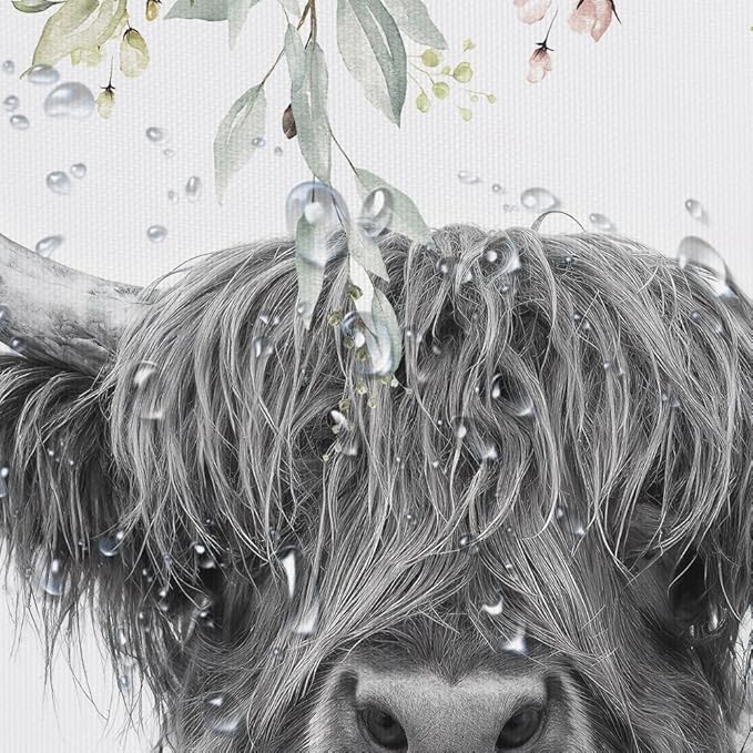 Highland Cow Shower Curtain, Floral Eucalyptus & Butterfly Farmhouse Bathroom Decor, Waterproof Washable Polyester Fabric, Shower Curtains Set with Hooks 71x84inch.