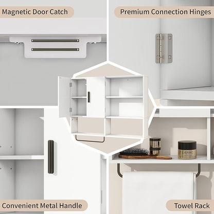 Medicine Cabinet, Wooden Bathroom Wall Cabinet with 2 Doors, Adjustable Shelves & Towel Bar, Over Toilet Storage Cabinet Wall Mounted for Kitchen & Laundry, White