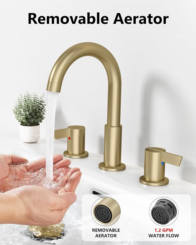Brushed Gold Bathroom Faucet 3 Hole, 8 Inch Widespread 2-Handle | SUS304 Stainless Steel, 2-Handle Control, Pop-Up Drain, Supply Lines and Mounting Hardware for 8-Inch Widespread Vanity Sinks
