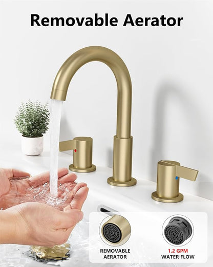 Brushed Gold Bathroom Faucet 3 Hole, 8 Inch Widespread 2-Handle | SUS304 Stainless Steel, 2-Handle Control, Pop-Up Drain, Supply Lines and Mounting Hardware for 8-Inch Widespread Vanity Sinks