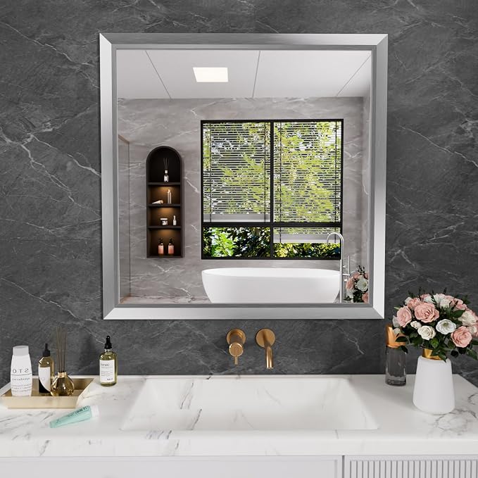 Bathroom Mirror for Wall, 36x36 Inch (Brushed Silver) | HD Reflection, Tempered Glass, Thick Metal Framed Rectangle Mirrors for Over Sink, Bedroom, Living Room, Entryway, Anti-Rust