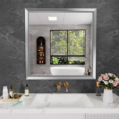 Bathroom Mirror for Wall, 36x36 Inch (Brushed Silver) | HD Reflection, Tempered Glass, Thick Metal Framed Rectangle Mirrors for Over Sink, Bedroom, Living Room, Entryway, Anti-Rust
