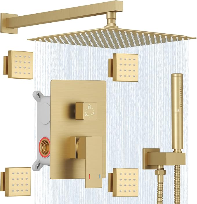 Hoimpro 12 Inch Rainfall Shower Faucet with 4 Full Body Shower Jet Fixtures Combo, Wall Mounted Shower System Set with Rain Mixer Shower Head and 2 in 1 Spray Handheld Showerhead, Brushed Gold