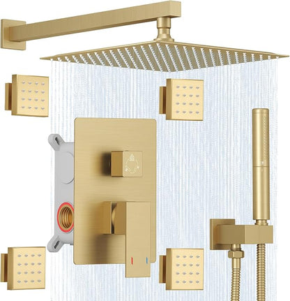 Hoimpro 12 Inch Rainfall Shower Faucet with 4 Full Body Shower Jet Fixtures Combo, Wall Mounted Shower System Set with Rain Mixer Shower Head and 2 in 1 Spray Handheld Showerhead, Brushed Gold