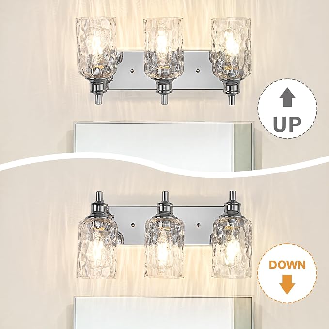 Bathroom Light Fixtures Over Mirror, 3 Lights Vanity Lights with Hammered Glass Shade, 17.8" Chrome Farmhouse Bathroom Light Fixtures for Bedroom, Porch, Hotel, Mirror Cabinet