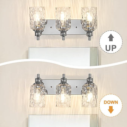 Bathroom Light Fixtures Over Mirror, 3 Lights Vanity Lights with Hammered Glass Shade, 17.8" Chrome Farmhouse Bathroom Light Fixtures for Bedroom, Porch, Hotel, Mirror Cabinet