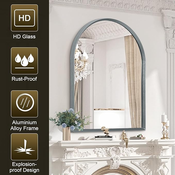 Arch Bathroom Mirror, Metal Frame Vanity Mirror, Dresser Mirror, Arch Decorative Mirrors for Living Room Bedroom Entryway Mantle 28"x20"