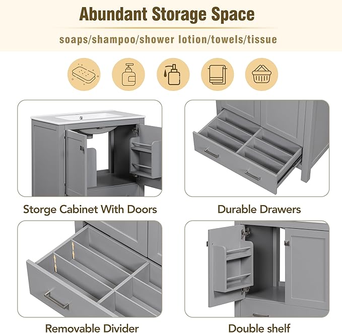 LZ LEISURE ZONE 60" Bathroom Vanity Set with Double Vanities (Separate), Double Ceramic Sinks, Storage Shelf, and Divided Drawers (Mirror not Included), Gray