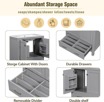 LZ LEISURE ZONE 60" Bathroom Vanity Set with Double Vanities (Separate), Double Ceramic Sinks, Storage Shelf, and Divided Drawers (Mirror not Included), Gray