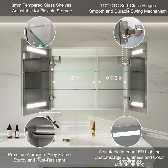 30x24 Lighted Medicine Cabinet with Mirror Defogger - Dimmable Touch Sensor, Adjustable Color Temperature, Shatterproof Tempered Glass, Quick-Release Hinges, Adjustable Shelves,UL Certified