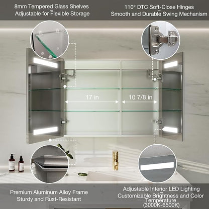 30x24 Lighted Medicine Cabinet with Mirror Defogger - Dimmable Touch Sensor, Adjustable Color Temperature, Shatterproof Tempered Glass, Quick-Release Hinges, Adjustable Shelves,UL Certified