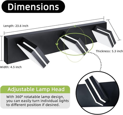 OKELI Bathroom Light Fixtures Black Modern 3-Lights Vanity Light Over Mirror LED Dimmable 350° Adjustable Lamp Head 24W 6000K Cool White ETL Listed 24 Inch