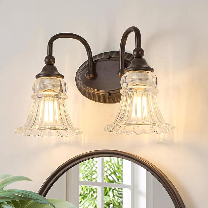 2-Light Vintage Bathroom Light Fixtures, Oil Rubbed Bronze | Vanity Lights Over Mirror with Floral Glass Shade for Bathroom Powder Room, Living Room Hallway