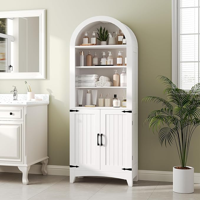 HOOBRO 67" Tall Bathroom Storage Cabinet, Arched Freestanding Floor Cabinet with 3 Adjustable Shelves and 2 Doors for Small Space, Space Saving Organizer for Bathroom, Kitchen, Living Room, White