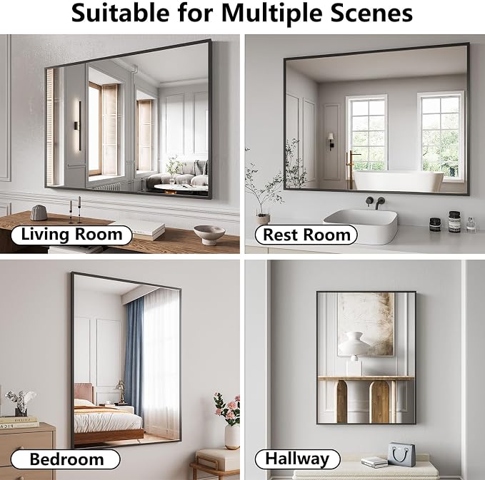 Bathroom Mirror 36"x48" Matte Black Rectangle Bathroom Wall Mirror for Over Sink, Modern Large Vanity Mirror, HD Tempered Glass, Anti-Rust Aluminum Alloy Frame, for Living Room, Bedroom, Entryway