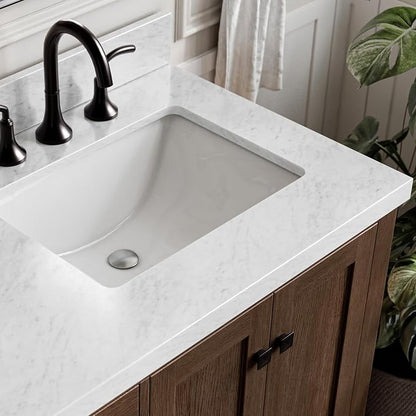 ARIEL Cambridge 60-inch Bathroom Vanity with Sink,Solid Wood, 1.5-inch Italian Carrara Marble Countertop, Double Rectangular Porcelain Sink, 4 Soft Closing Doors, 6 Dovetail Drawers, Brown Oak