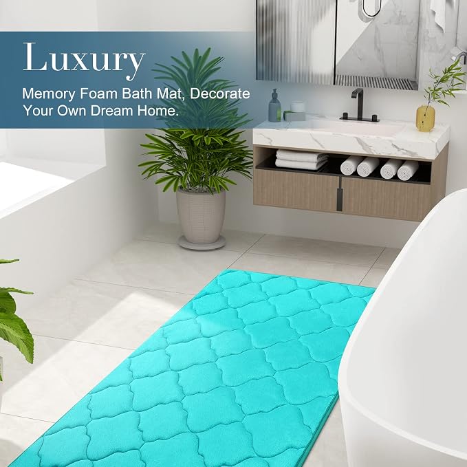 OLANLY Memory Foam Bath Mat Rug 59x24, Ultra Soft and Absorbent Bathroom Rugs, Non-Slip, Comfortable, Machine Washable Bath Carpet for Bathroom Floor, Tub, Shower and Home Decor Accessories, Teal
