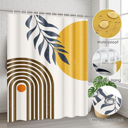 Bathroom Sets with Shower Curtain and Rugs, 4 Pcs, Boho Midcentury | Sun Minimalist Abstract Bathroom Decor Set with Toilet Lid Cover, Non-Slip Bath Mats and Accessories 12 Hooks