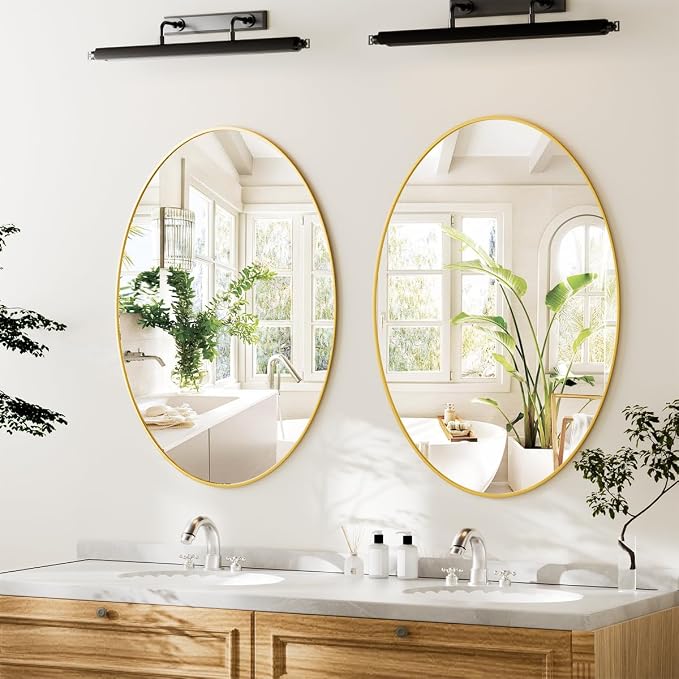 Koonmi Gold Oval Bathroom Mirror, 24"x32" Oval Mirror for Wall | Shatterproof Bathroom Vanity Mirror for Bedroom Living Room Entryway, Horizontal or Vertical, Hardware Included