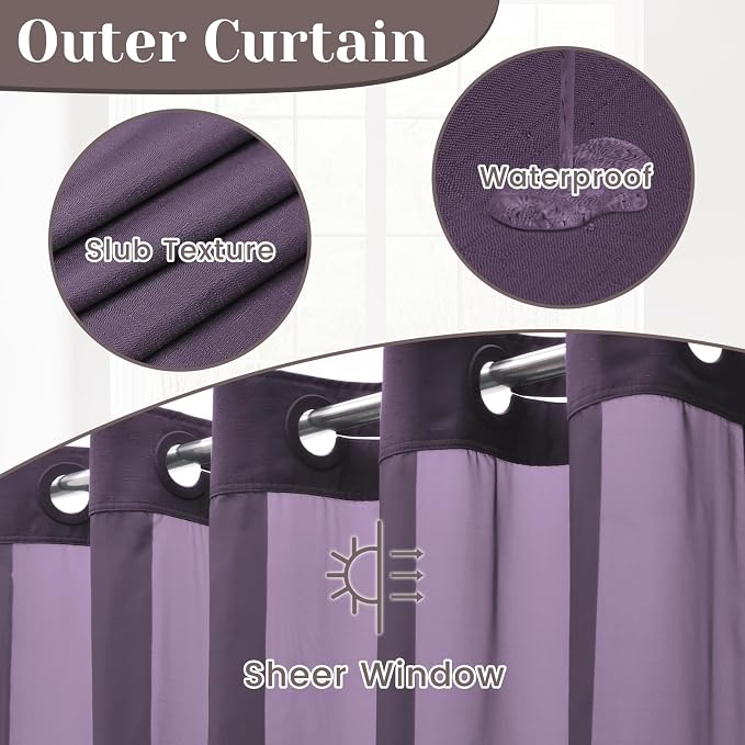 SORTTO No Hook Slub Shower Curtain with Liner, 71x74, Purple | Snap in Liner, 3 in 1, Bamboo Texture, Hotel Style, Waterproof Fabric, Mesh Top Window, Corner Magnets, Machine Washable