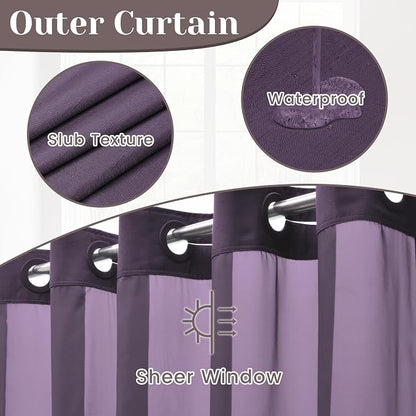 SORTTO No Hook Slub Shower Curtain with Liner, 71x74, Purple | Snap in Liner, 3 in 1, Bamboo Texture, Hotel Style, Waterproof Fabric, Mesh Top Window, Corner Magnets, Machine Washable