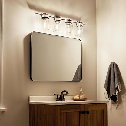 Kichler Brinley 4-Light Farmhouse Vanity Light, Brushed Nickel | Modern farmhouse vanity light with clear glass for bathroom mirrors (32.25" x 10"), 45690NI