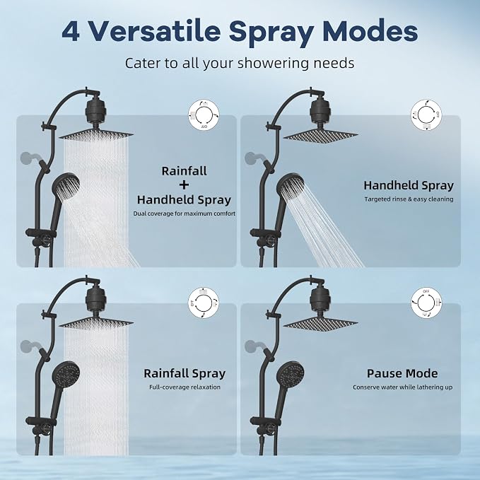 Hibbent 10'' Filtered Shower Head & Filtered 10-Mode Handheld Combo, Black | All Metal Stainless Steel Rain Showerhead, 4-way Diverter, Heightened All Metal Extension Arm, 71'' Hose & Holder, Easy Reach