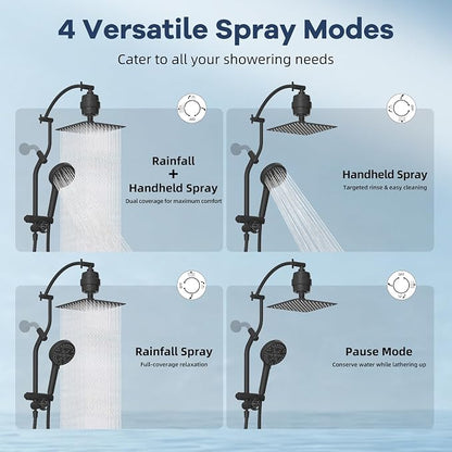 Hibbent 10'' Filtered Shower Head & Filtered 10-Mode Handheld Combo, Black | All Metal Stainless Steel Rain Showerhead, 4-way Diverter, Heightened All Metal Extension Arm, 71'' Hose & Holder, Easy Reach