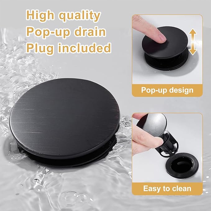 Matte Black Waterfall Bathroom Faucet, Single Handle Bathroom Sink Faucet for 1 or 3 Hole, Modern Vanity Faucet with Deck, Pop-up Drain and Supply Hoses