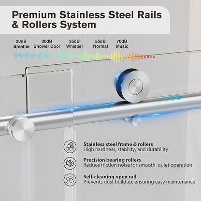 49-54" W x 76" H Frameless Sliding Shower Doors Brushed Nickel | 1/4''(6mm) Tempered Glass,Explosion Proof Film,Nano Coating,Stainless Steel Hardware,Easy to Clean,Customizable Width