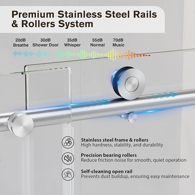61-66" W x 76" H Frameless Sliding Shower Doors Brushed Nickel | 1/4''(6mm) Tempered Glass,Explosion Proof Film,Nano Coating,Stainless Steel Hardware,Easy to Clean,Customizable Width