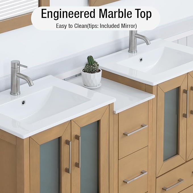 HOMEBEYOND 60 Inch Modern Bathroom Vanity with Sink & Mirror, Double Sink Vanity Cabinet with Basin and Mirror, Dove-Tailed Drawers, Soft-Closing Doors, Wood, Natural Oak